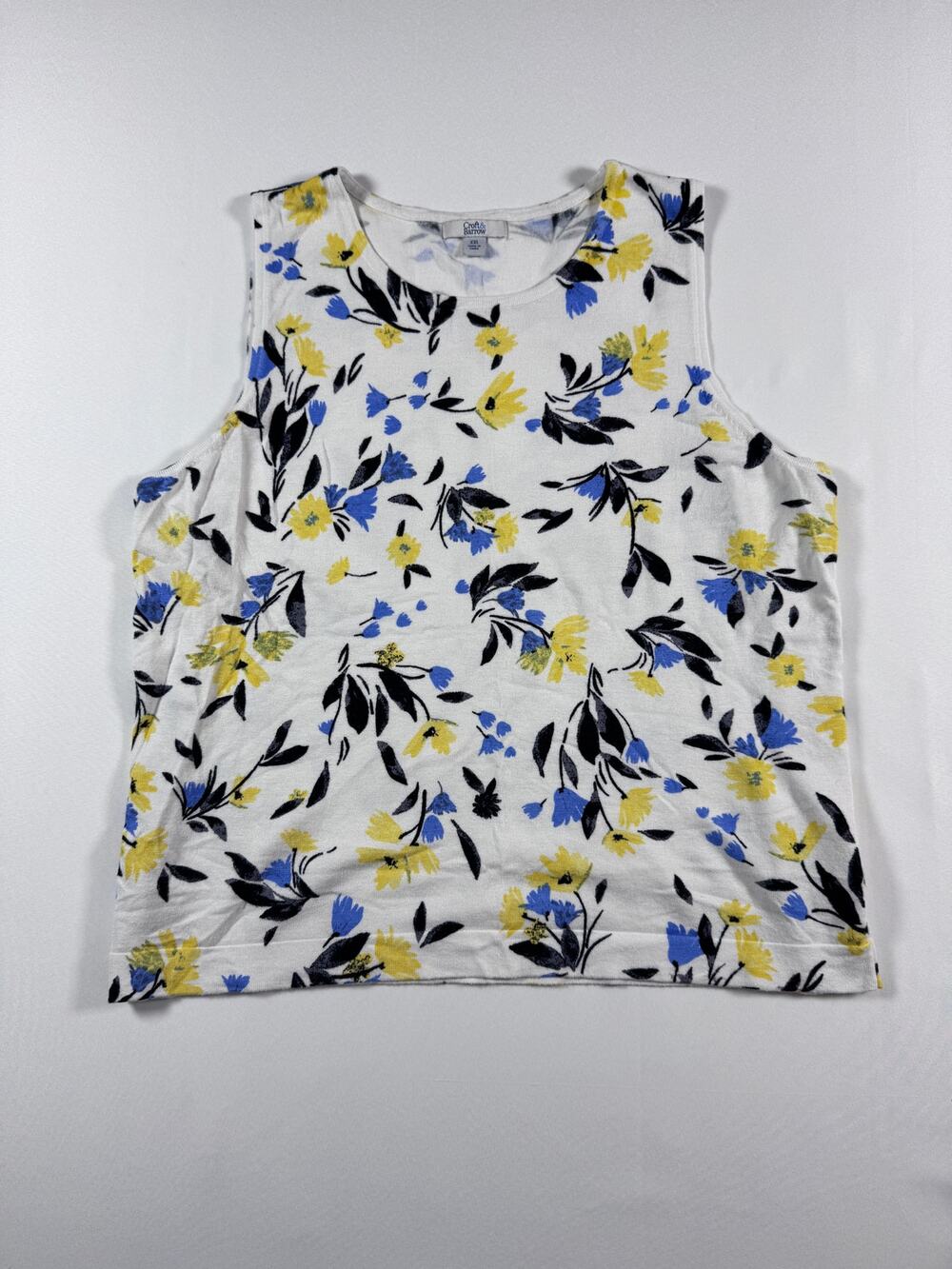 Croft & Barrow Women’s XXL Floral Sleeveless Top Rayon Knit Tank Blue Yellow